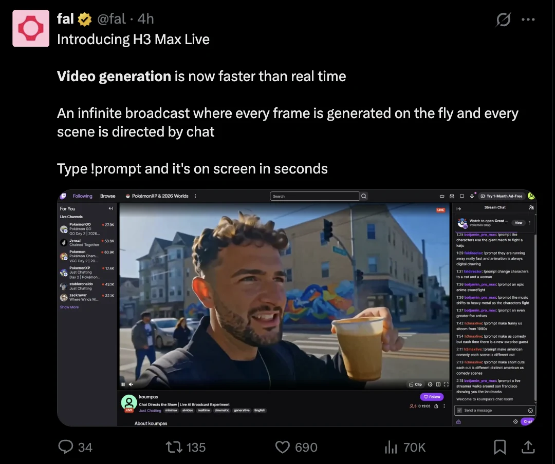 fal introducing H3 Max Live: video generation is now faster than real time, an infinite broadcast where every frame is generated on the fly and every scene is directed by chat